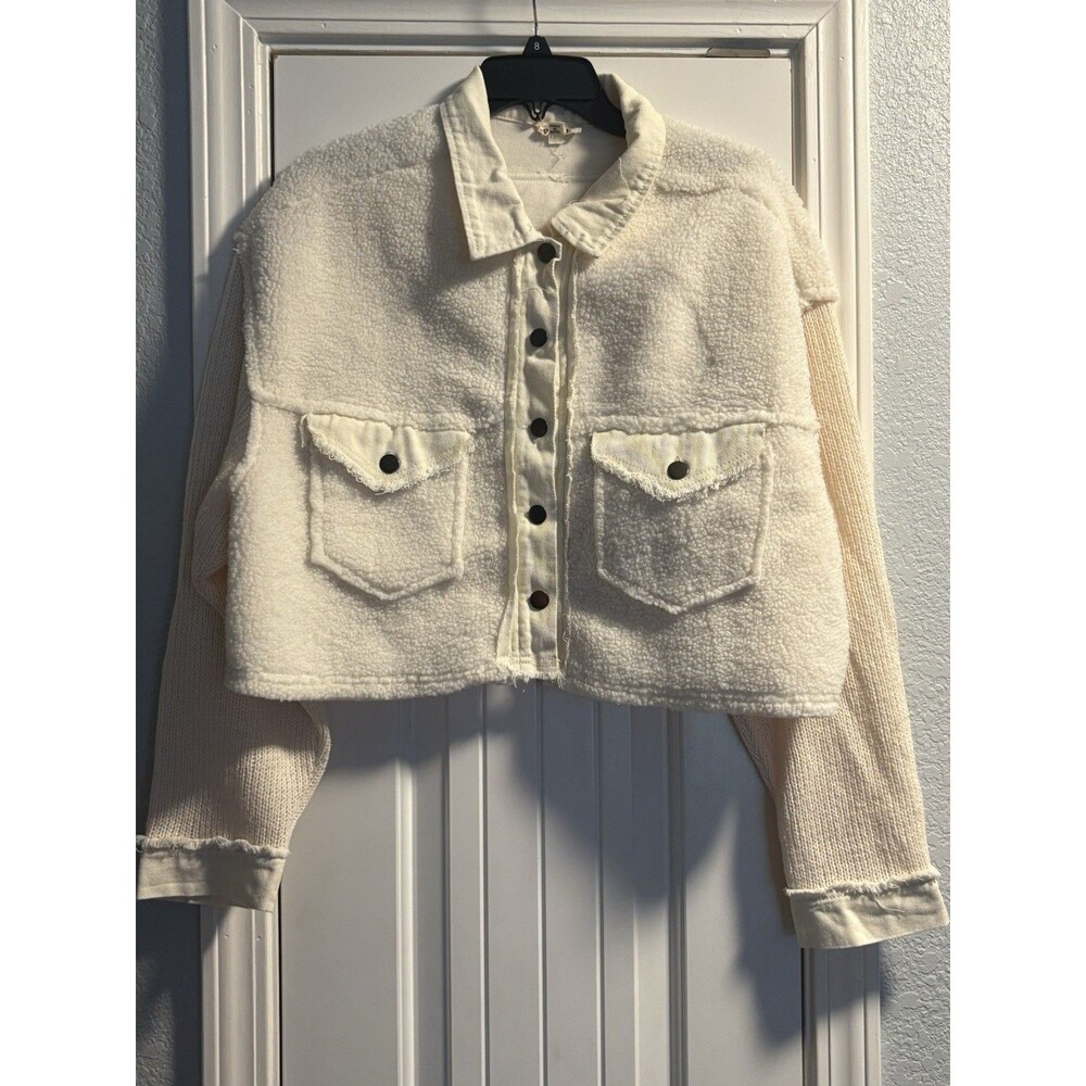 POL‎ Ivory Sherpa Cropped Jacket Button Front Size S